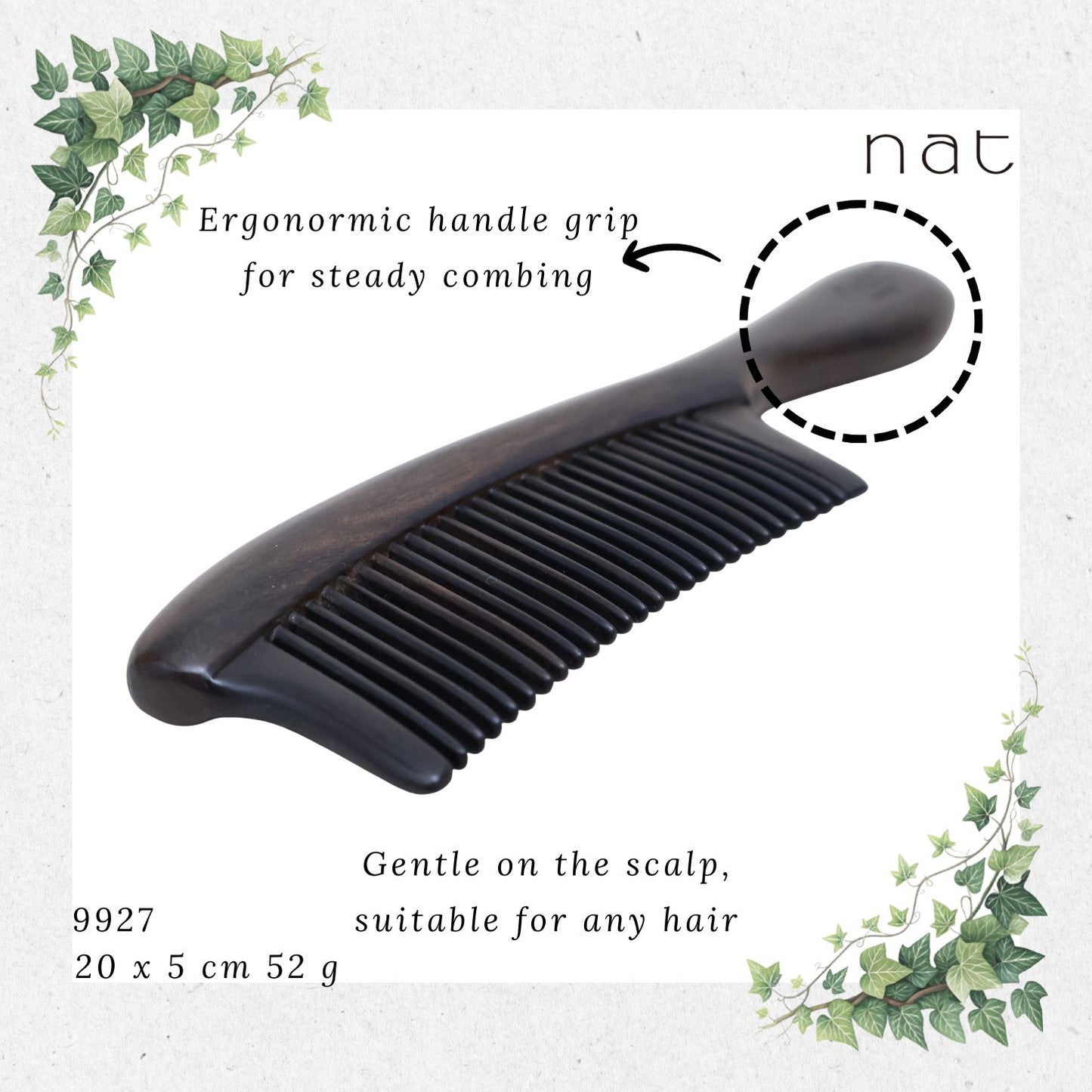 NAT PREMIUM Natural Chacate Preto Wooden Wood Broad Rounded Bristles Ergonormic Anti-Static Comb Sikat Kayu [9927]