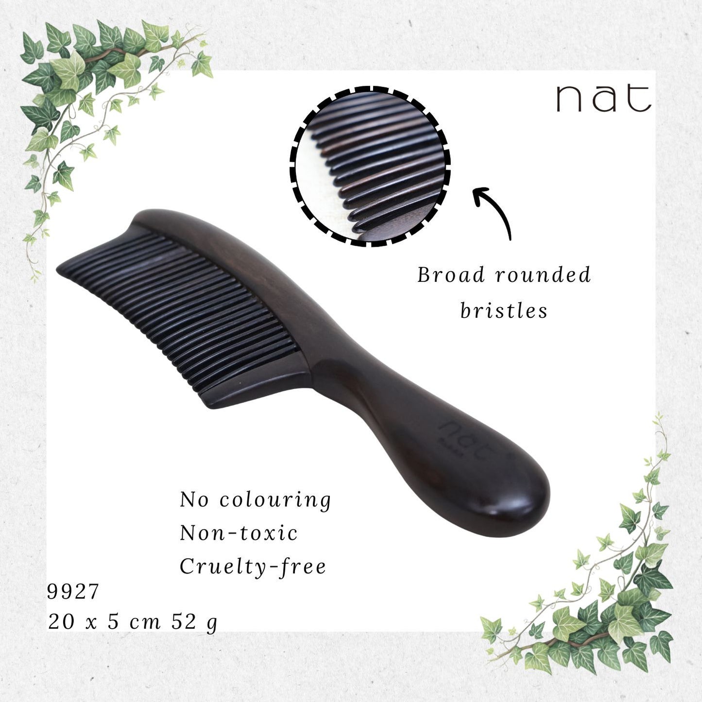 NAT PREMIUM Natural Chacate Preto Wooden Wood Broad Rounded Bristles Ergonormic Anti-Static Comb Sikat Kayu [9927]