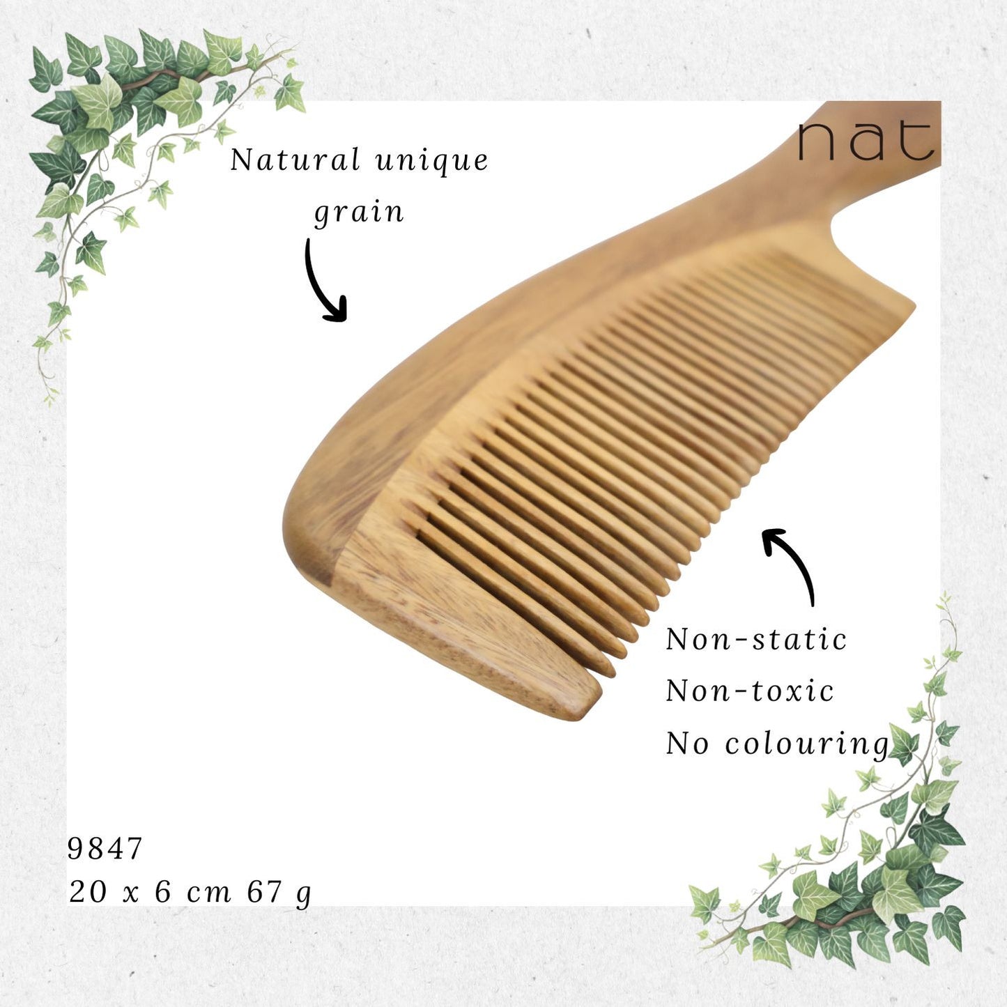 NAT Natural Green Sandalwood Fine Tooth Mix Color Anti-Static Comb [9847]