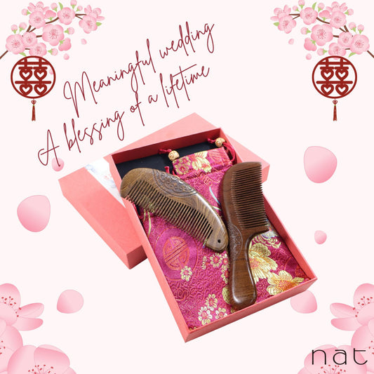 NAT High Quality & Premium Chinese Wedding Gold Sandalwood Natural & Anti Static Boxed Comb Set [9980]