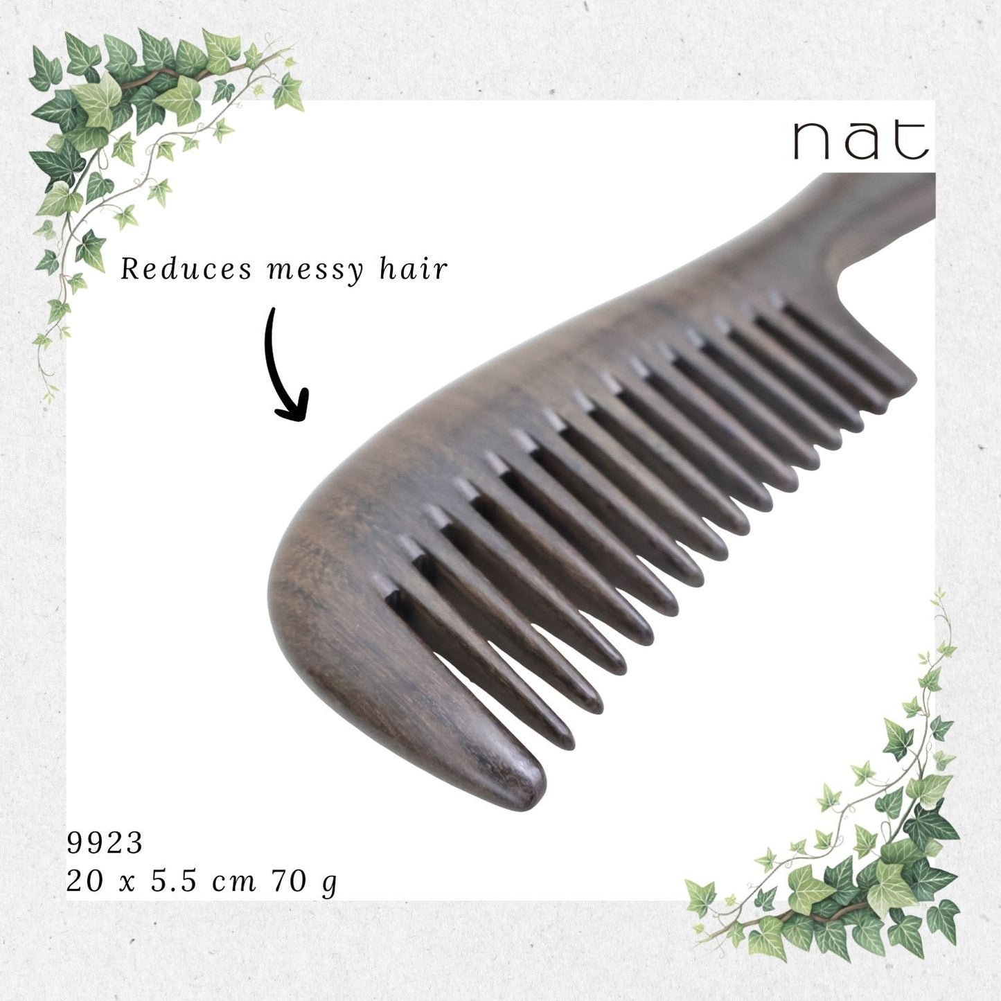 NAT Natural Chacate Preto Wooden Wood Wide Tooth Premium Anti-Static Comb Sikat Kayu [9923]