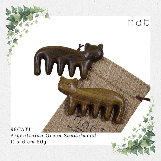 NAT Cute Kitty Cat Natural Argentinian Green Sandalwood Massage Anti-Static Comb for Gua Sha and Massaging [99CAT1]