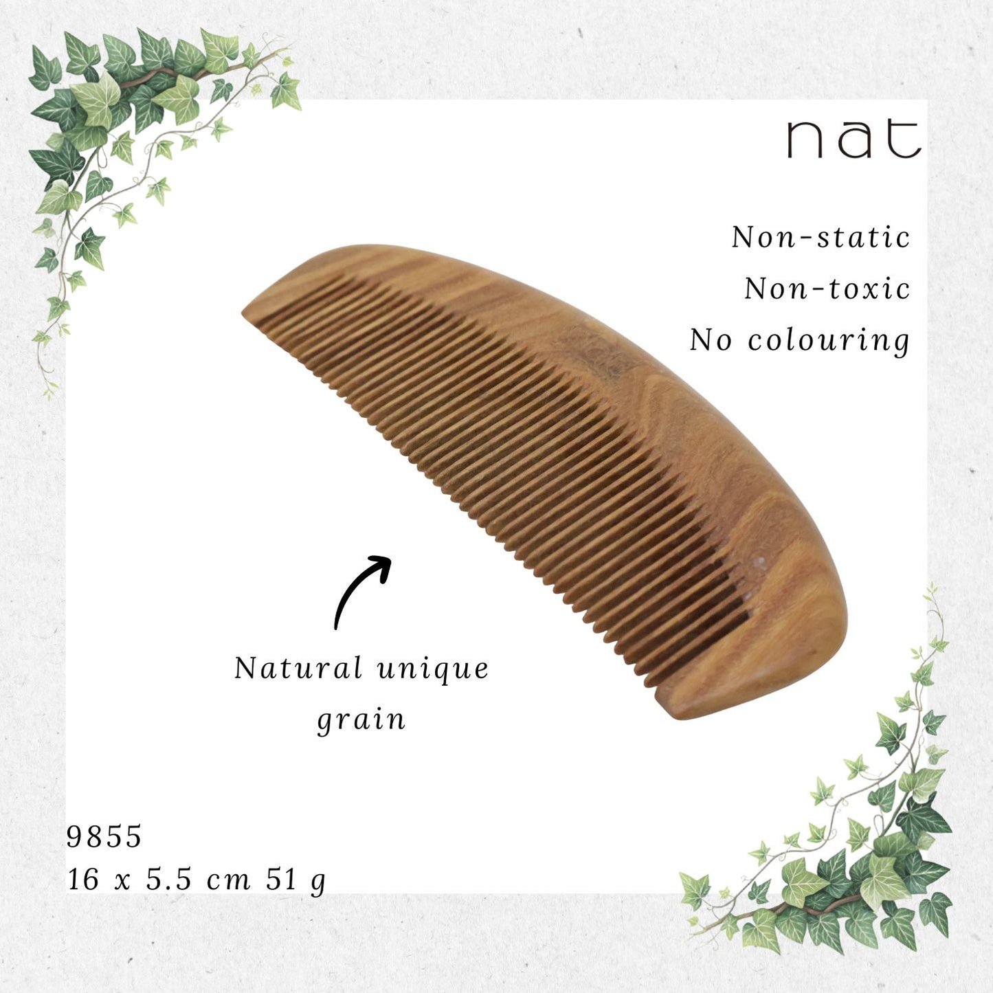 NAT Natural Green Sandalwood Fine Tooth Anti-Static Comb [9855]