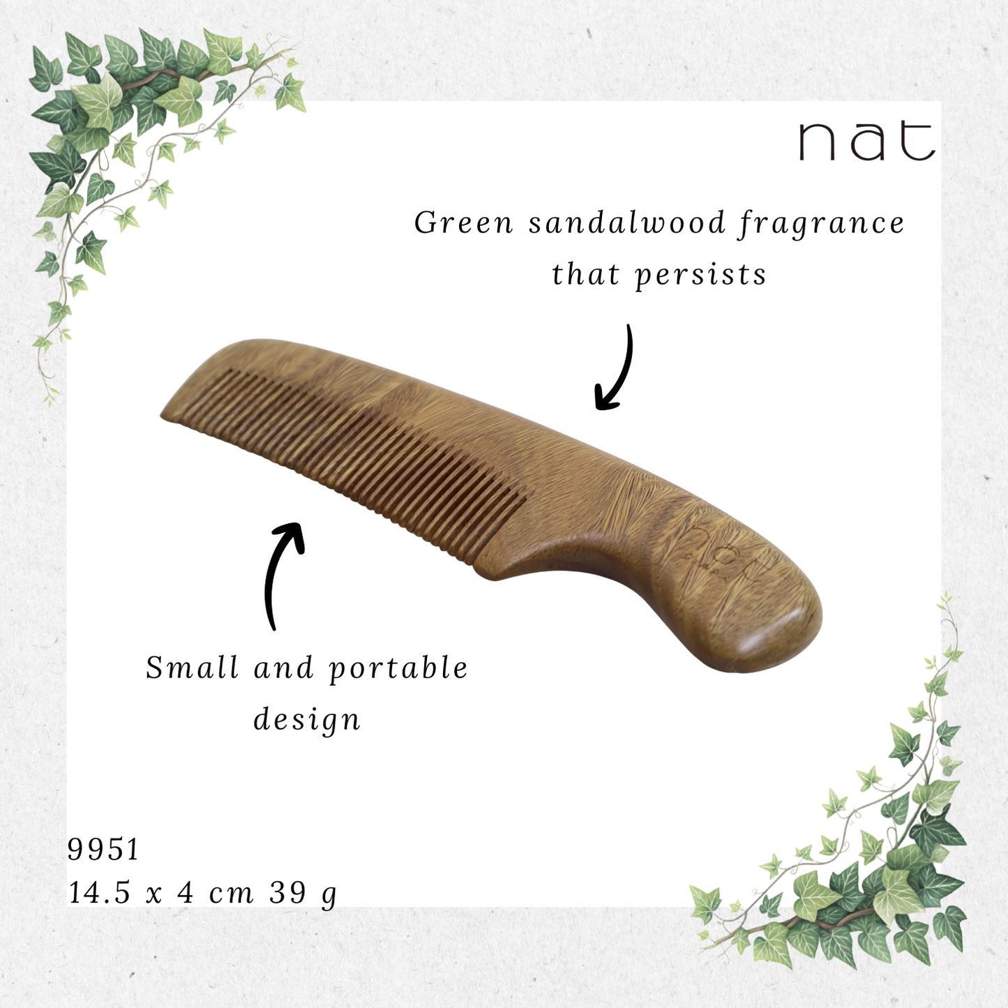 NAT Natural Green Sandalwood Portable and Handy Hair Anti-Static Comb [9951]