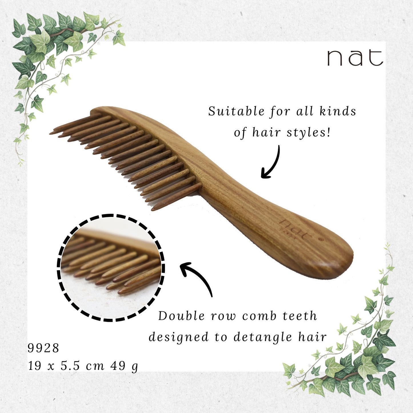 NAT PREMIUM Natural Green Sandalwood Hair Detangler Anti-Static Comb [9848]