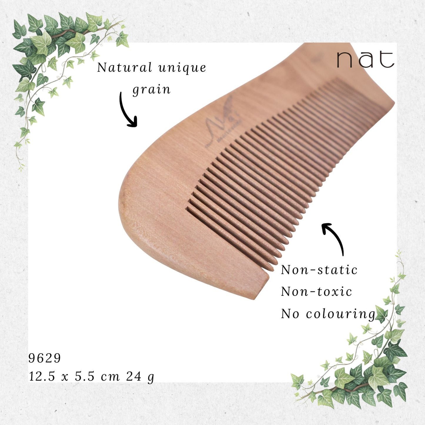 NAT Natural Machilus Nanmu Anti Static Wooden Comb [9629]