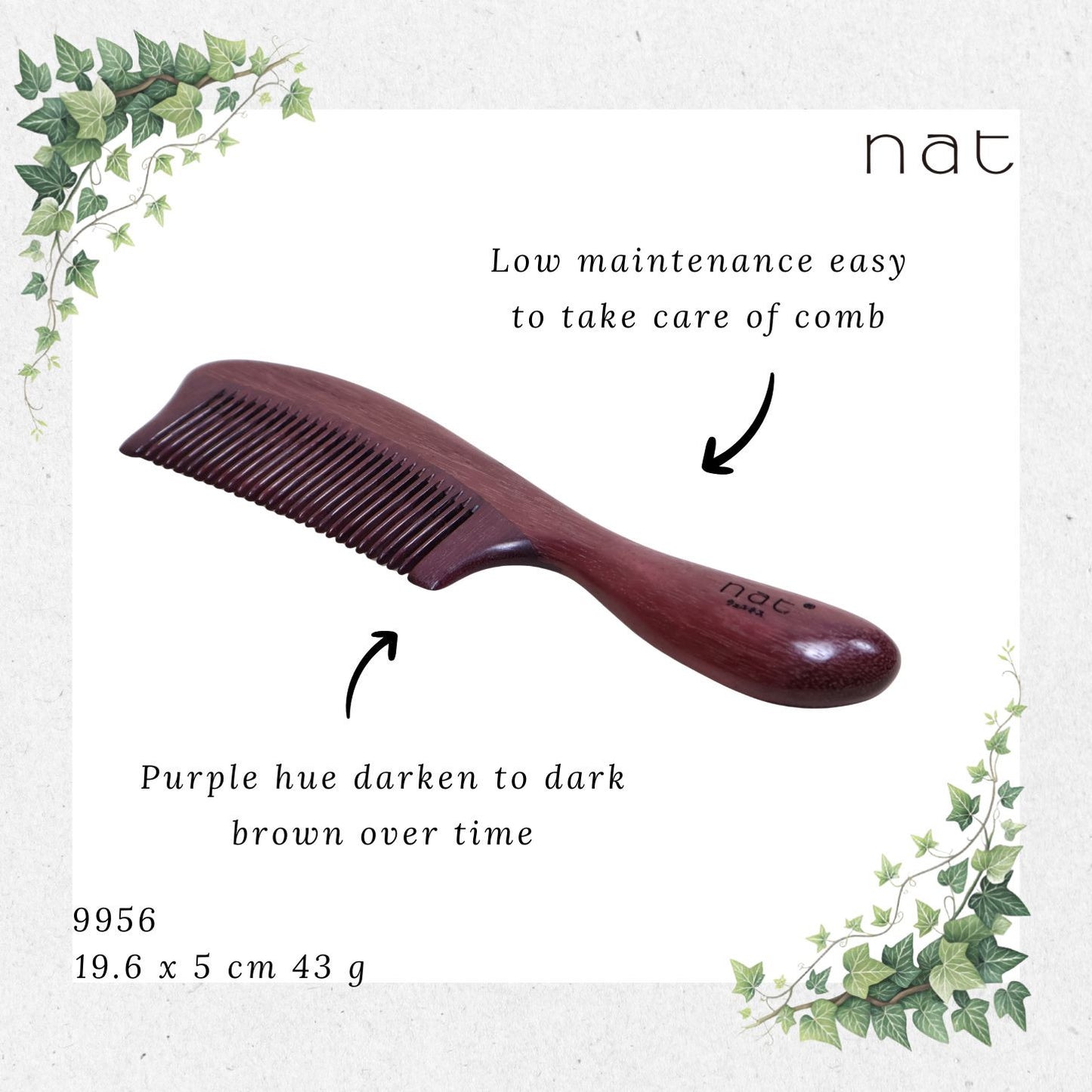 NAT Natural Purpleheart Hardwood Wooden Anti-Static Wood Comb [9956]