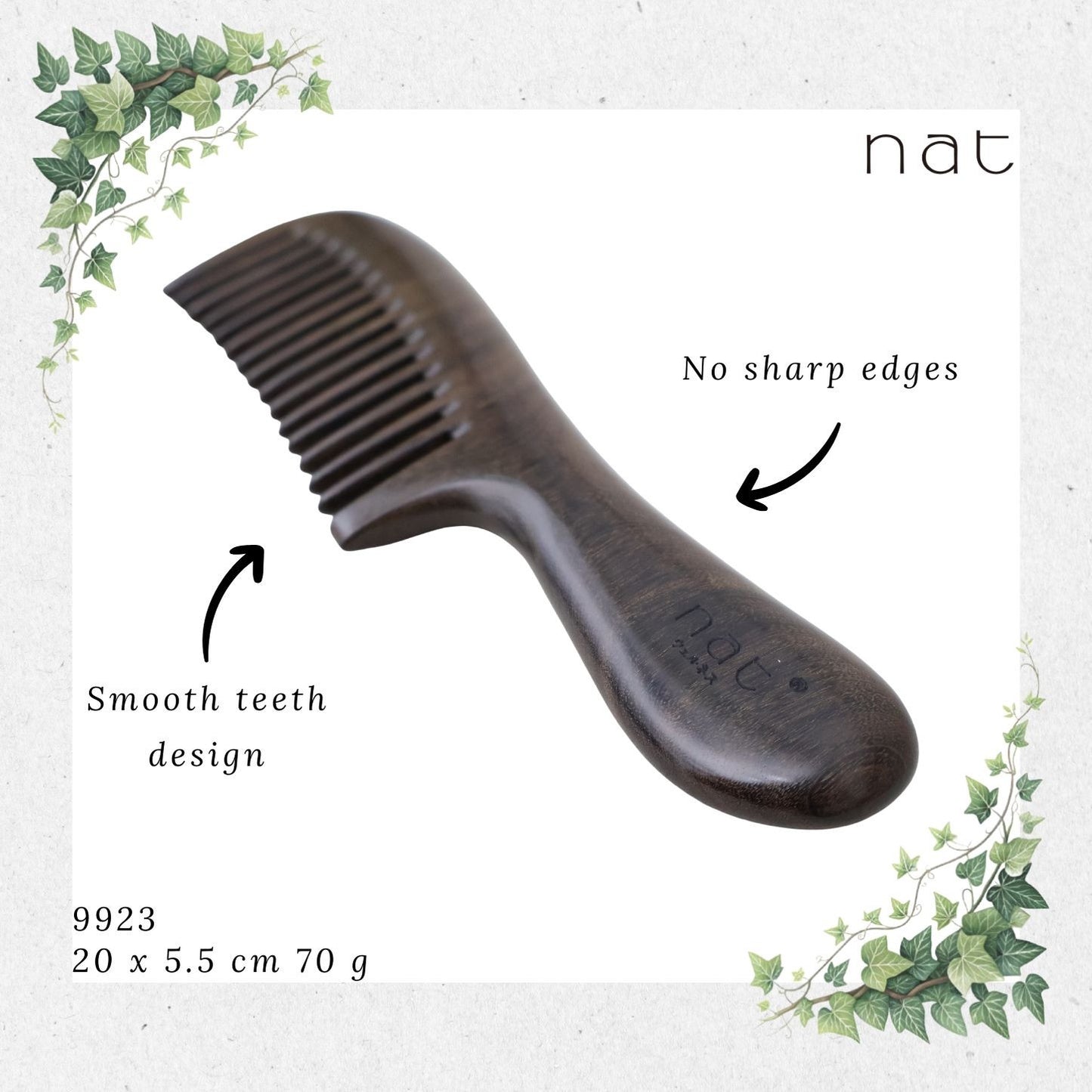 NAT Natural Chacate Preto Wooden Wood Wide Tooth Premium Anti-Static Comb Sikat Kayu [9923]