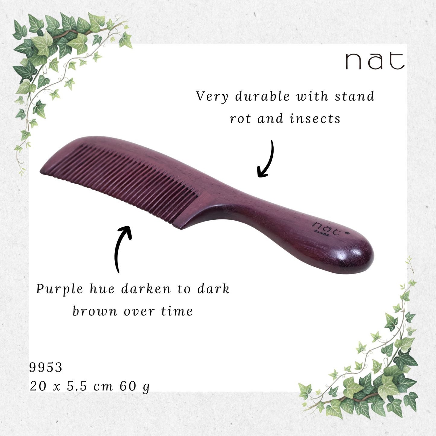 NAT Natural Purpleheart Hardwood Wooden Anti-Static Wood Comb [9953]