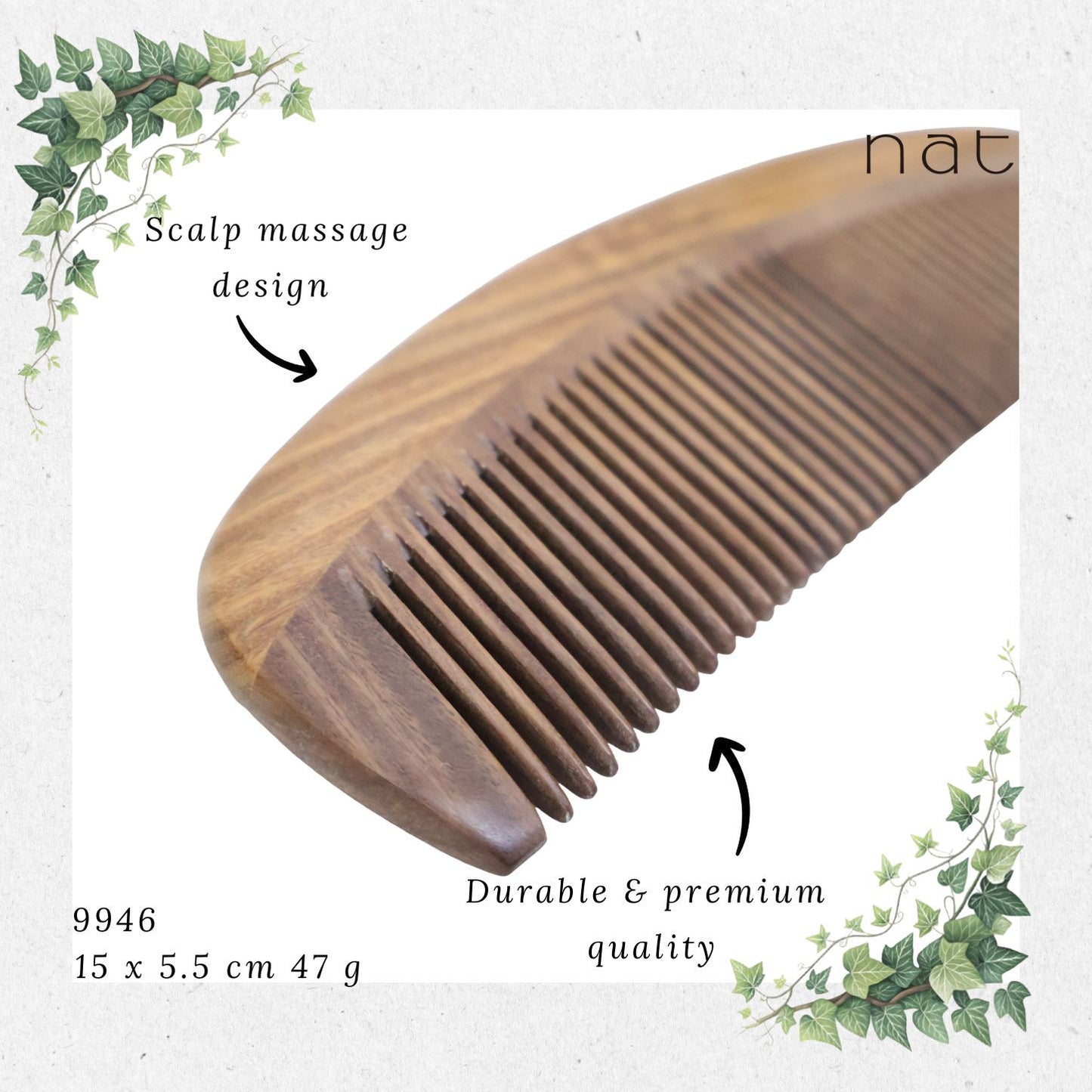 NAT Natural Green Sandalwood Fine Tooth Mix Color Anti-Static Comb [9846]