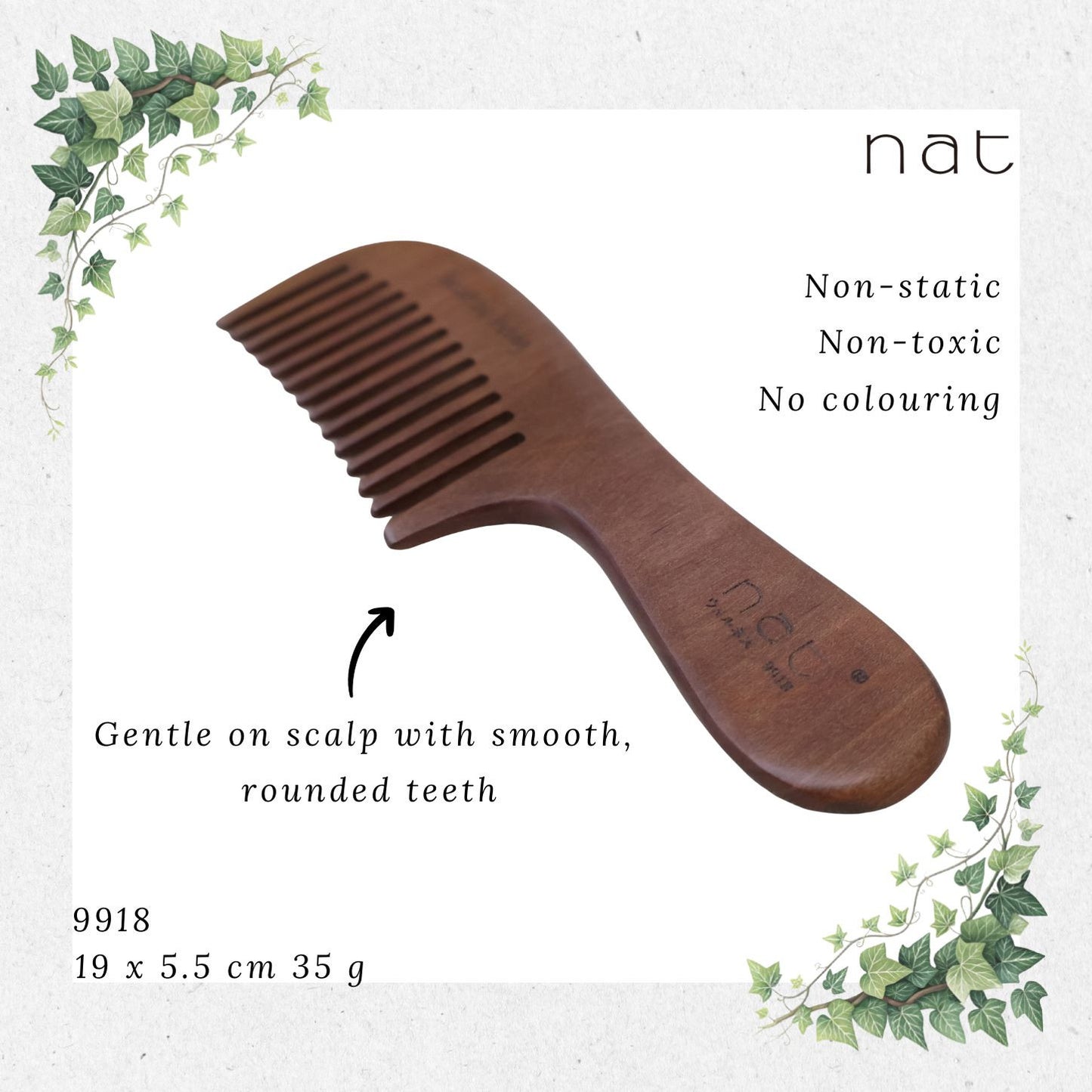 NAT Natural Machilus Nanmu Wood Wide Tooth Anti-Static Comb [9918]