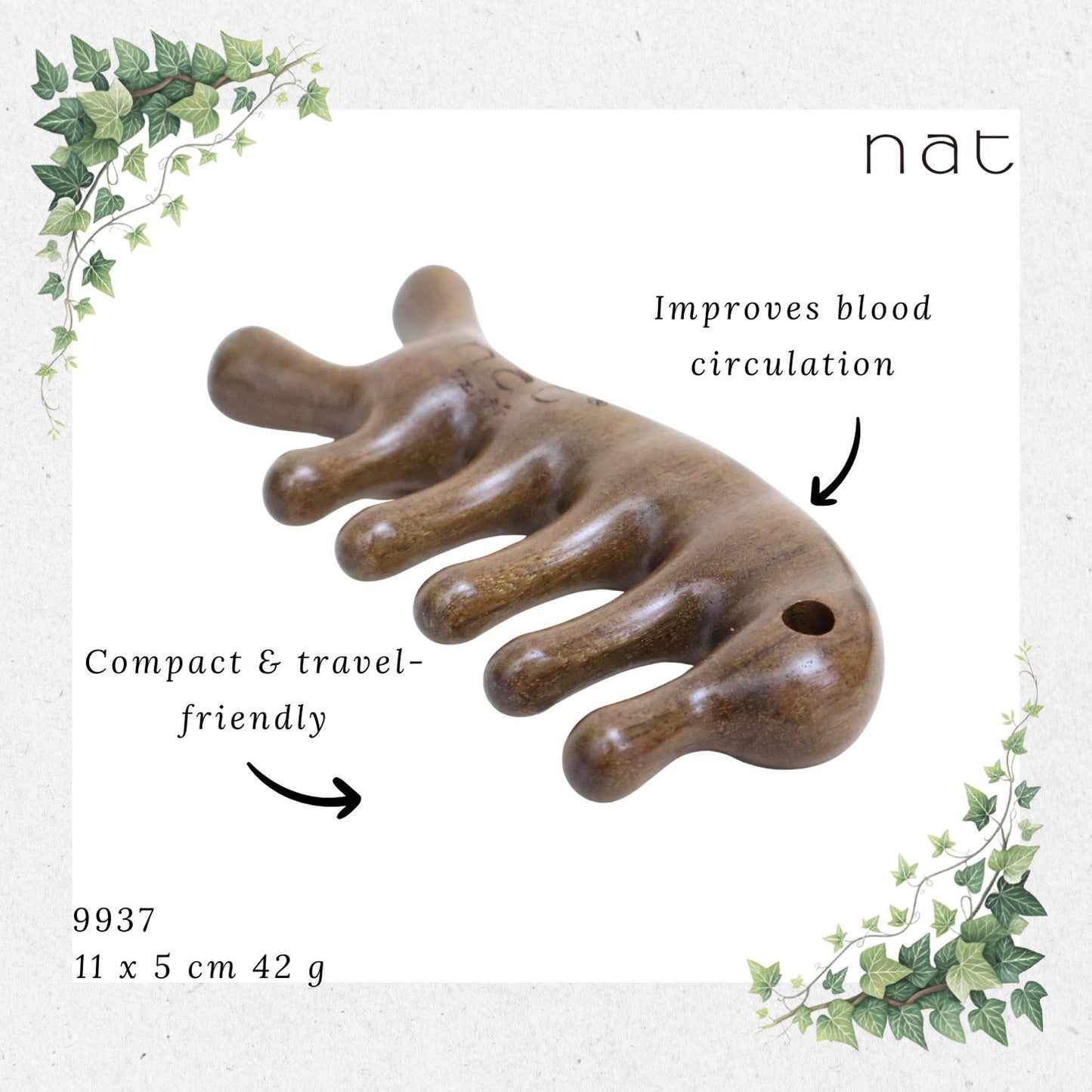 NAT Natural Walnut Wooden Wood Massage Anti-Static Handle Comb Tool for Gua Sha and Massaging Sikat Kayu [9937]