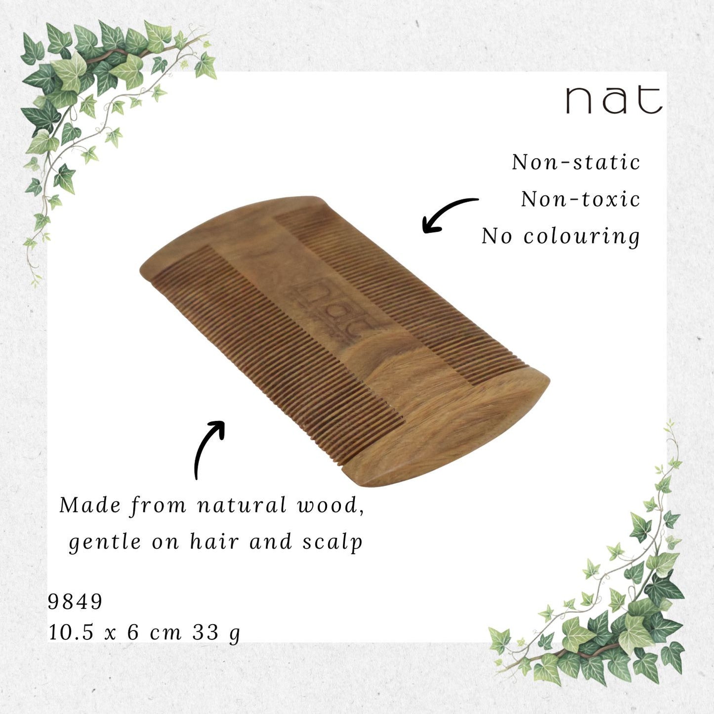 NAT Natural Green Sandalwood Double Sided Anti-Static Beard Comb [9849]
