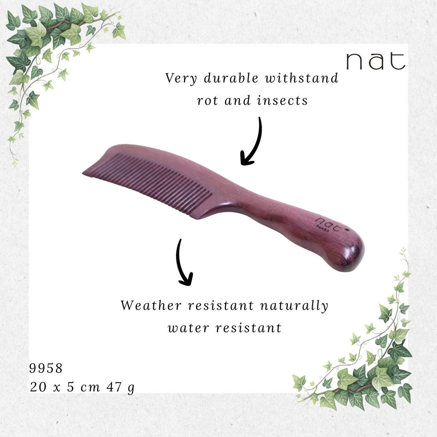 NAT Natural Purpleheart Hardwood Wooden Anti-Static Wood Comb [9958]